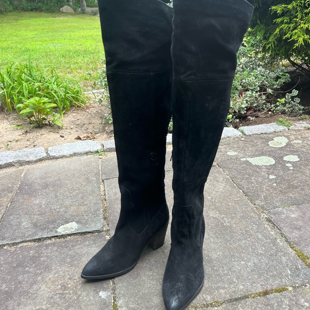 Black Suede Over-the-Knee Heeled Boots - Women's